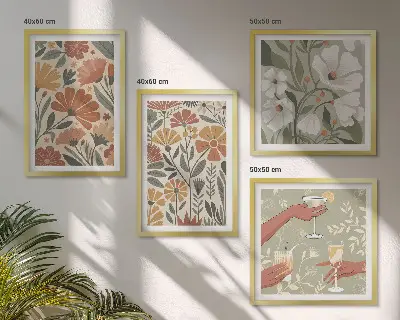 Pripravljena stenska galerija cvetlični vzorci v oranžni in zeleni barvi