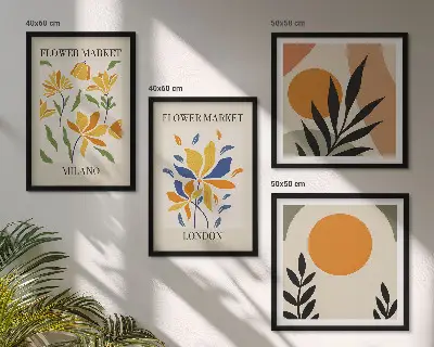 Pripravljena stenska galerija cvetlični plakati z motivi Pariza in Milana