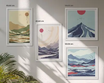 Pripravljena stenska galerija pastelnih gora v japonskem slogu
