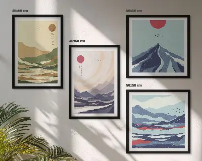 Pripravljena stenska galerija pastelnih gora v japonskem slogu