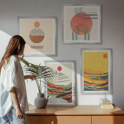 Pripravljena stenska galerija barviti vzorci gora in rek v slogu japandi