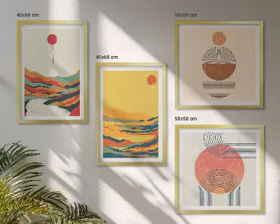 Pripravljena stenska galerija barviti vzorci gora in rek v slogu japandi