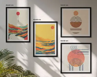 Pripravljena stenska galerija barviti vzorci gora in rek v slogu japandi
