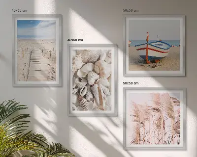 Komplet štirih slik v okvirju s motivom plaže, čolna, školjk in trave v boemskem slogu