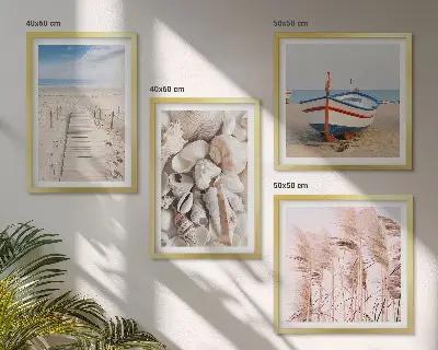 Komplet štirih slik v okvirju s motivom plaže, čolna, školjk in trave v boemskem slogu