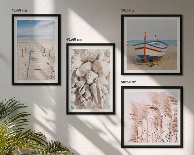 Komplet štirih slik v okvirju s motivom plaže, čolna, školjk in trave v boemskem slogu