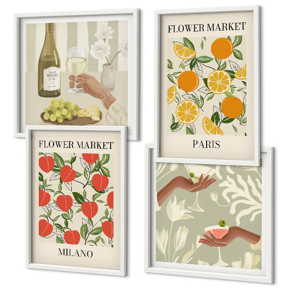 Set 4 slik v okvirju Cvetje vino Milano Pariz