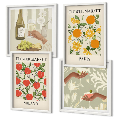 Set 4 slik v okvirju Cvetje vino Milano Pariz