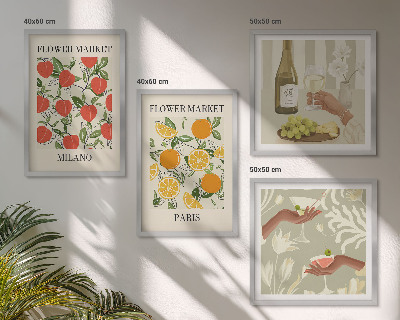 Set 4 slik v okvirju Cvetje vino Milano Pariz