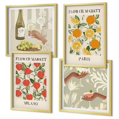 Set 4 slik v okvirju Cvetje vino Milano Pariz