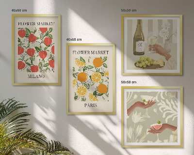 Set 4 slik v okvirju Cvetje vino Milano Pariz