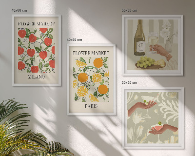 Set 4 slik v okvirju Cvetje vino Milano Pariz