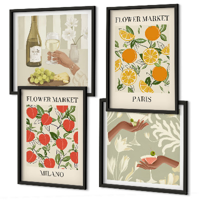 Set 4 slik v okvirju Cvetje vino Milano Pariz