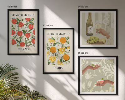 Set 4 slik v okvirju Cvetje vino Milano Pariz