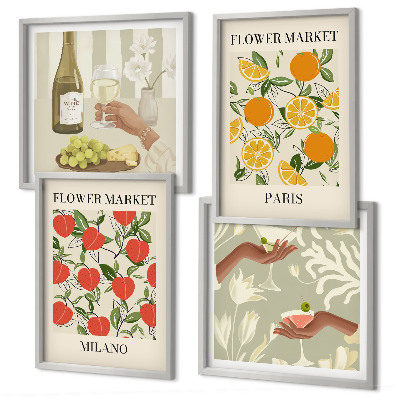 Set 4 slik v okvirju Cvetje vino Milano Pariz