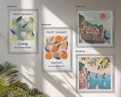 Komplet slik nad zofo sadni motivi z limonami in pomarančami