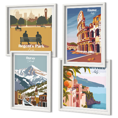 Komplet slik nad zofo Retro ilustracije znanih krajev
