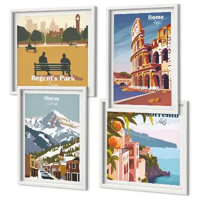 Komplet slik za nad zofo z retro ilustracijami znanih krajev