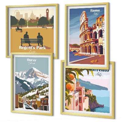 Komplet slik nad zofo Retro ilustracije znanih krajev
