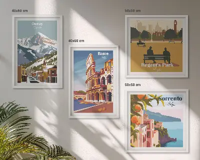 Komplet slik za nad zofo z retro ilustracijami znanih krajev