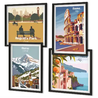 Komplet slik za nad zofo z retro ilustracijami znanih krajev