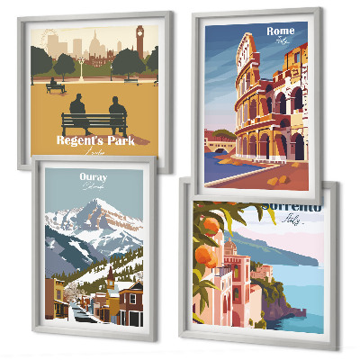 Komplet slik nad zofo Retro ilustracije znanih krajev