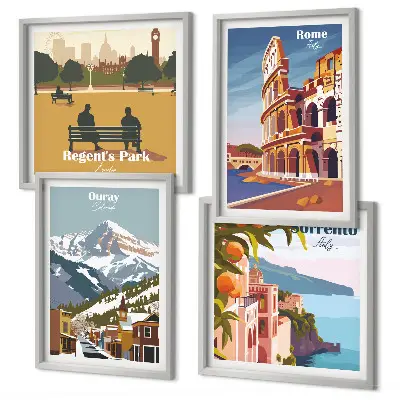Komplet slik za nad zofo z retro ilustracijami znanih krajev