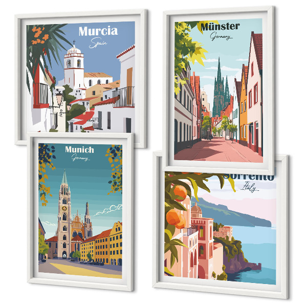 Set 4 slik v okvirju Evropska mesta v barvnih ilustracijah