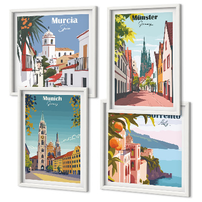 Set 4 slik v okvirju Evropska mesta v barvnih ilustracijah