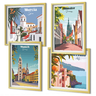 Set 4 slik v okvirju Evropska mesta v barvnih ilustracijah