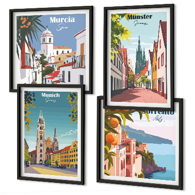 Set 4 slik v okvirju Evropska mesta v barvnih ilustracijah