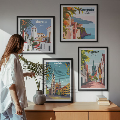 Set 4 slik v okvirju Evropska mesta v barvnih ilustracijah