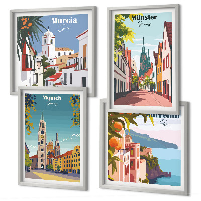 Set 4 slik v okvirju Evropska mesta v barvnih ilustracijah