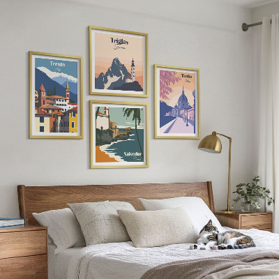 Komplet slik nad zofo Ilustracije retro arhitekture gora