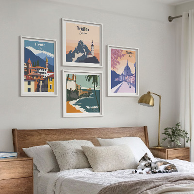 Komplet slik nad zofo Ilustracije retro arhitekture gora
