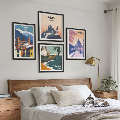 Komplet slik nad zofo Ilustracije retro arhitekture gora