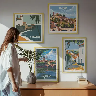 Retro mestna grafika komplet 4 slik v okvirju