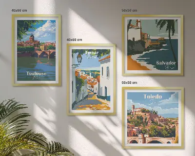 Retro mestna grafika komplet 4 slik v okvirju