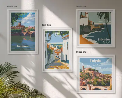 Retro mestna grafika komplet 4 slik v okvirju