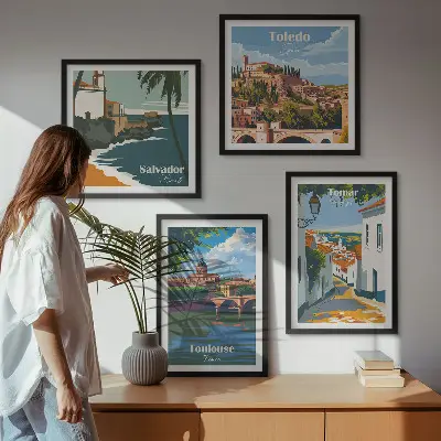 Retro mestna grafika komplet 4 slik v okvirju