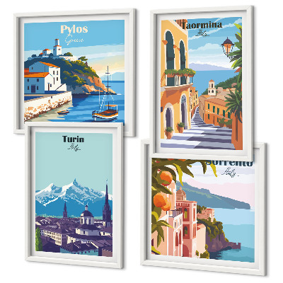 Set 4 slik v okvirju Barvite ilustracije retro mest