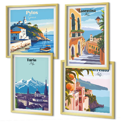 Set 4 slik v okvirju Barvite ilustracije retro mest