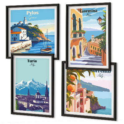 Set 4 slik v okvirju Barvite ilustracije retro mest
