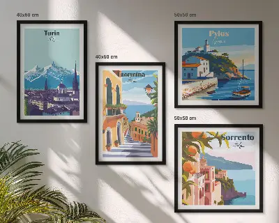 Komplet 4 slik v okvirju barvite retro ilustracije mest