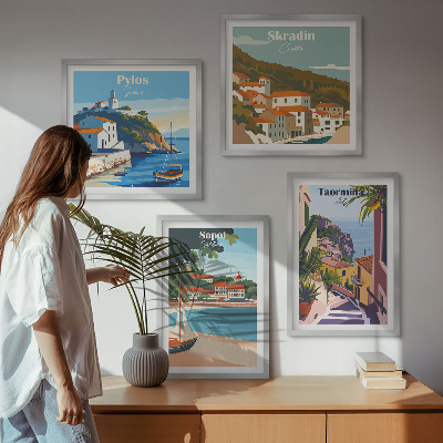 Komplet slik nad zofo Ilustracije obmorskega mesta