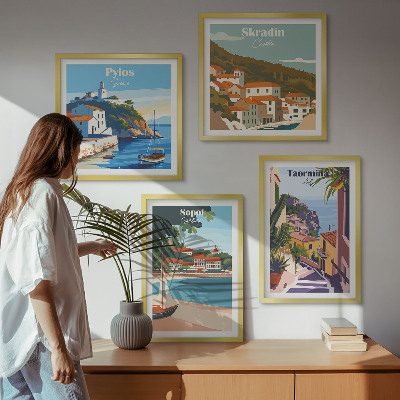 Komplet slik nad zofo Ilustracije obmorskega mesta