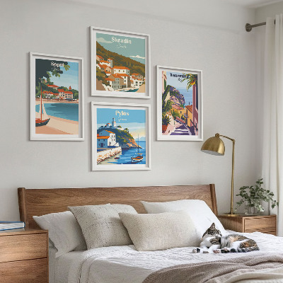 Komplet slik nad zofo Ilustracije obmorskega mesta