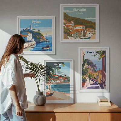 Komplet slik nad zofo Ilustracije obmorskega mesta