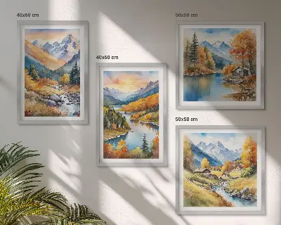Gorska pokrajina z reko komplet 4 slik v okvirju