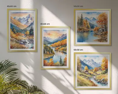 Gorska pokrajina z reko komplet 4 slik v okvirju